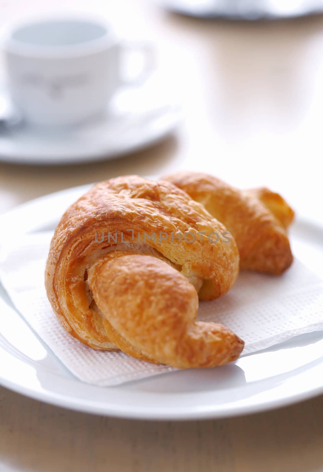 Fresh, delicious croissant on white plate with napkin