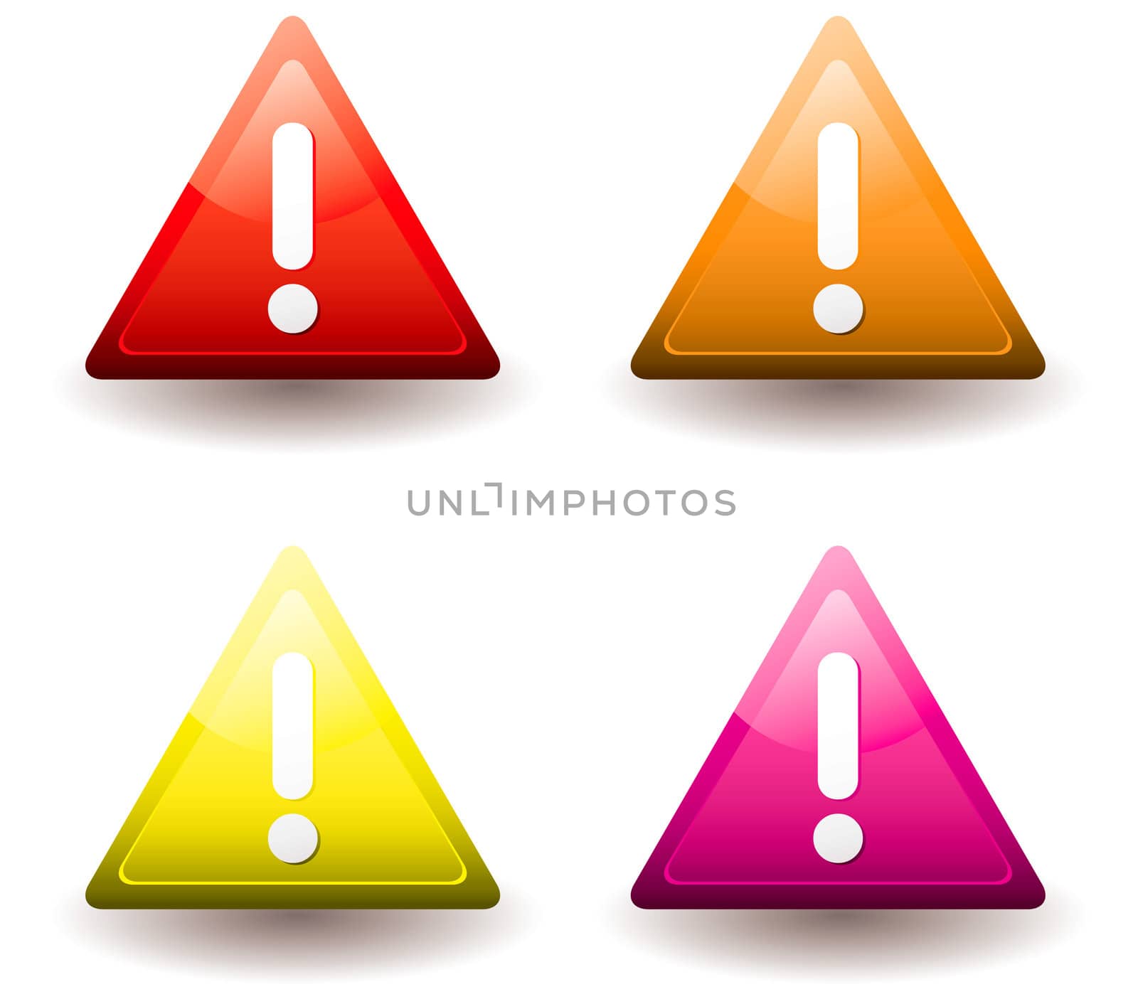 Four warning triangles with drop shadow and exclamation mark