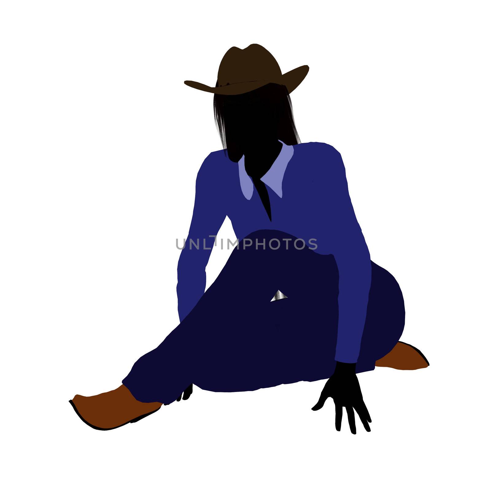 Cowgirl  dressed in blue silhouette with a cowboy hat on a white background