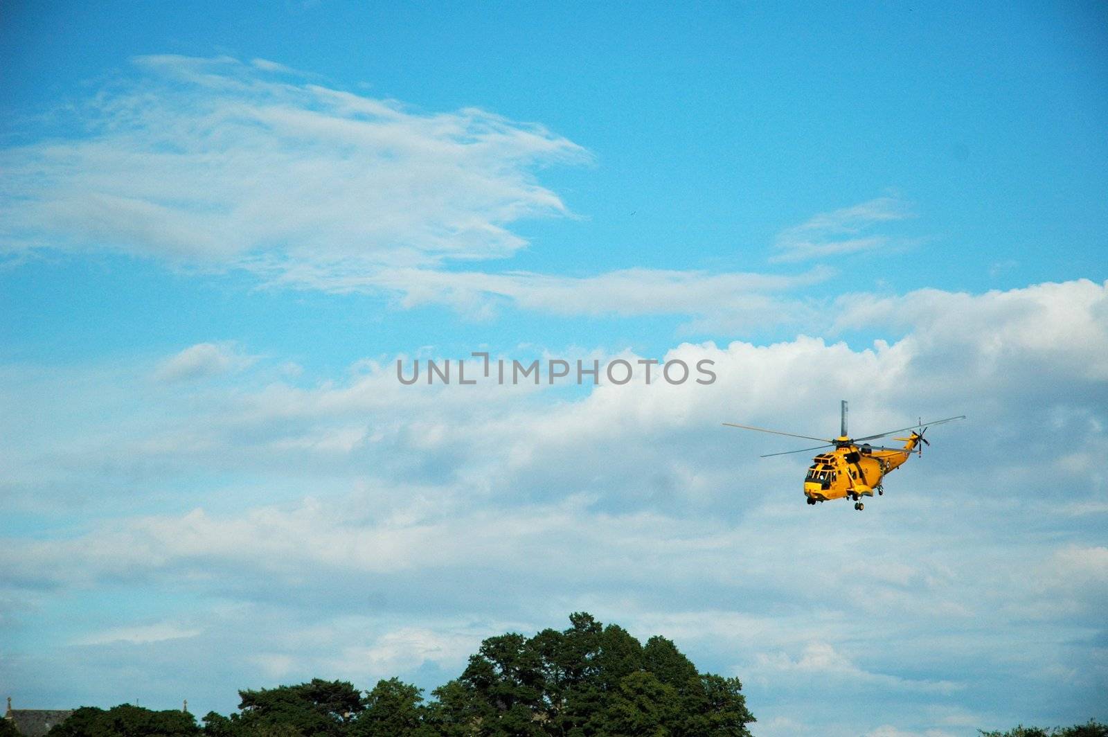 helicopter above trees in sunny day, horizontally framed picture