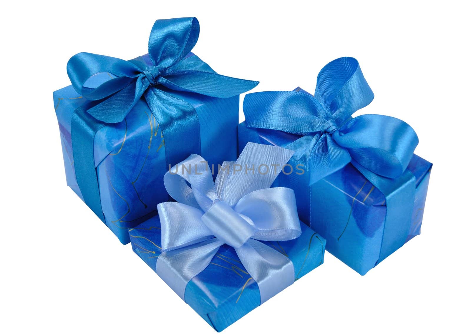 Three Blue Gift Boxes with Bows Isolated on White