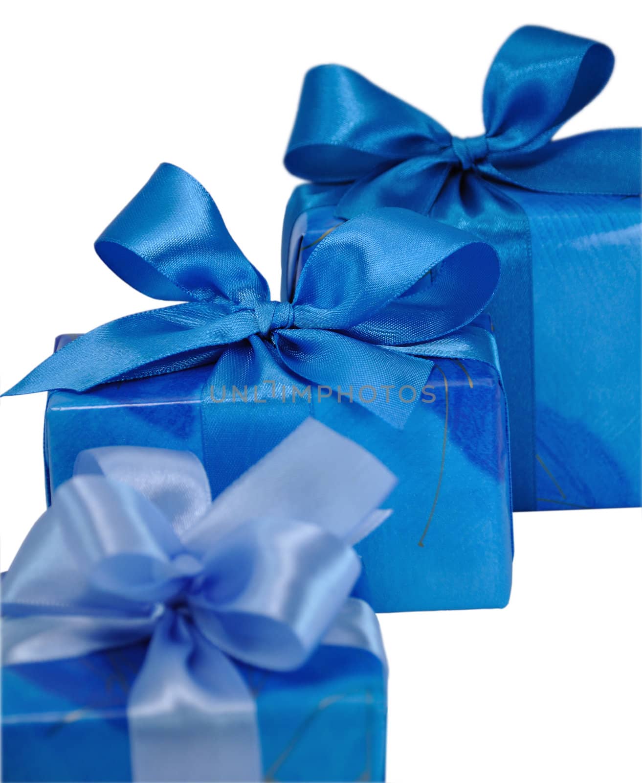 Three Blue Gift Boxes with Bows Isolated on White