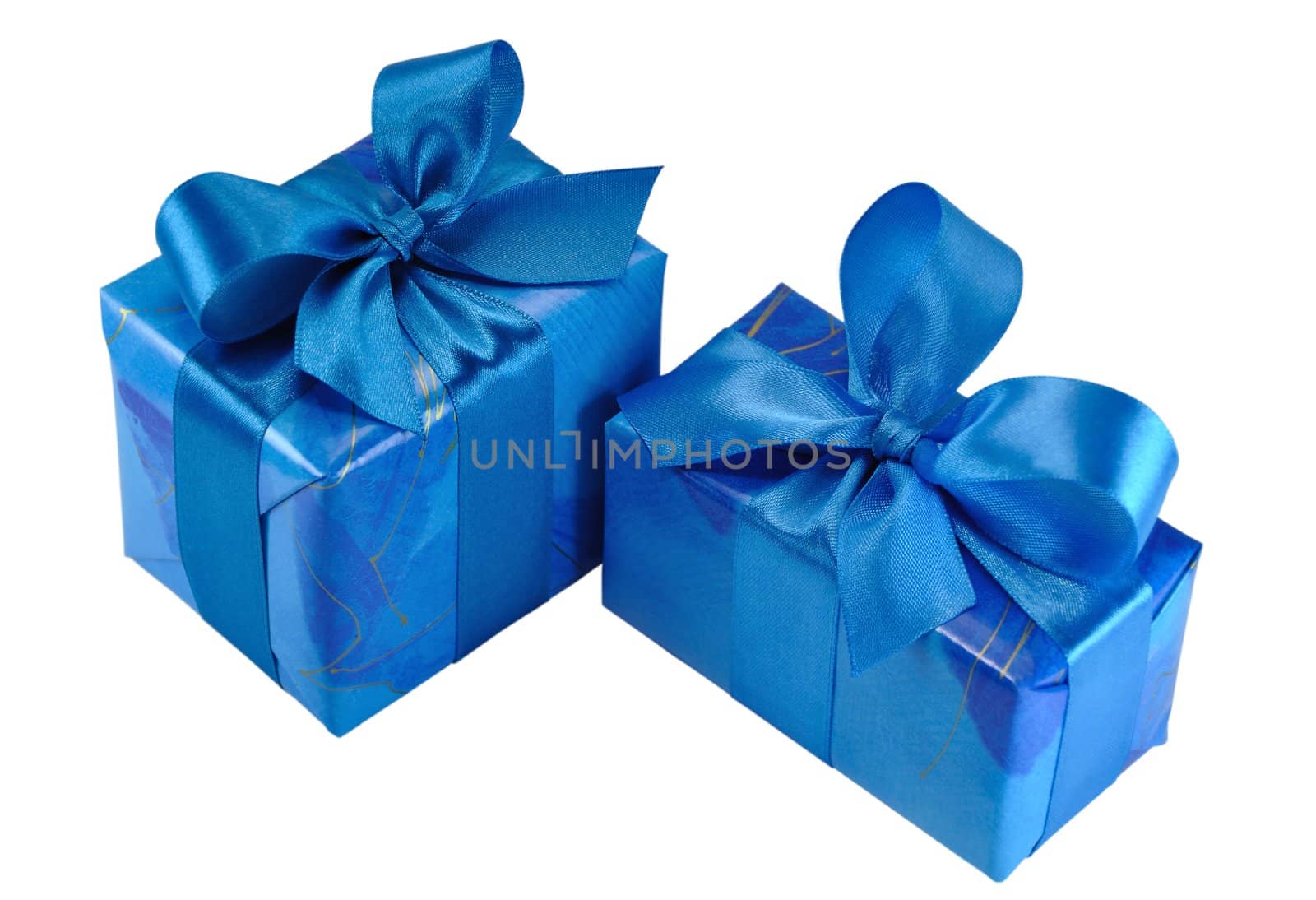 Two Blue Gift Boxes with Bows Isolated on White