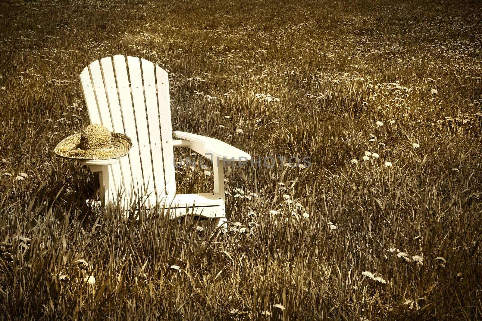 White chair with straw hat in a summer field of flowers