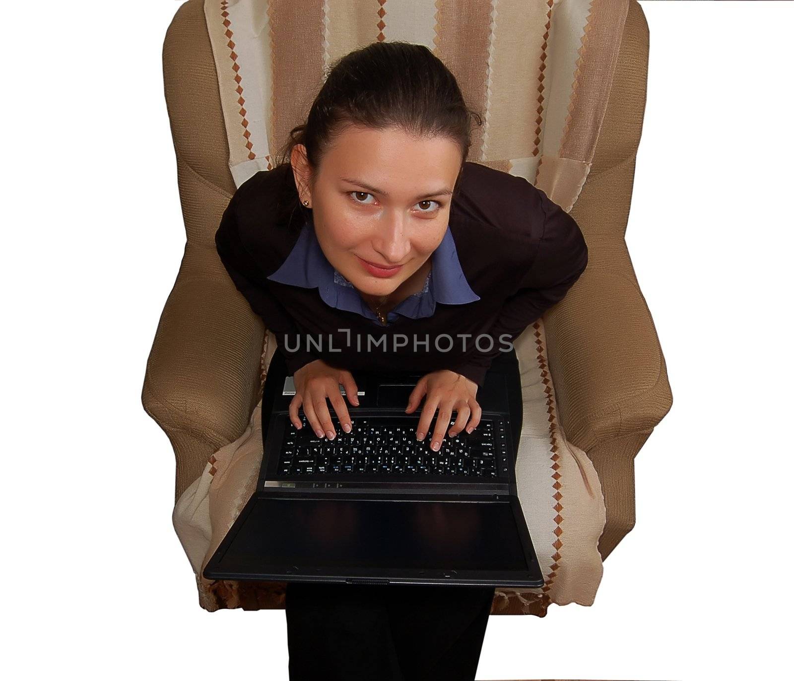 portrait of beautiful brunette women working on laptop (notebook)