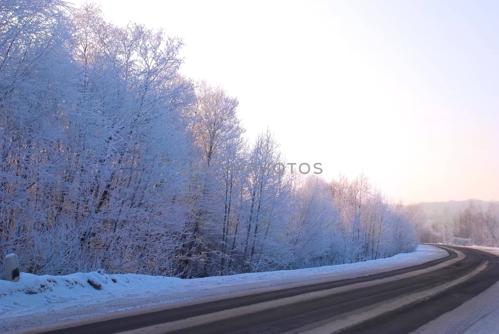 Snowy winter road in the country.