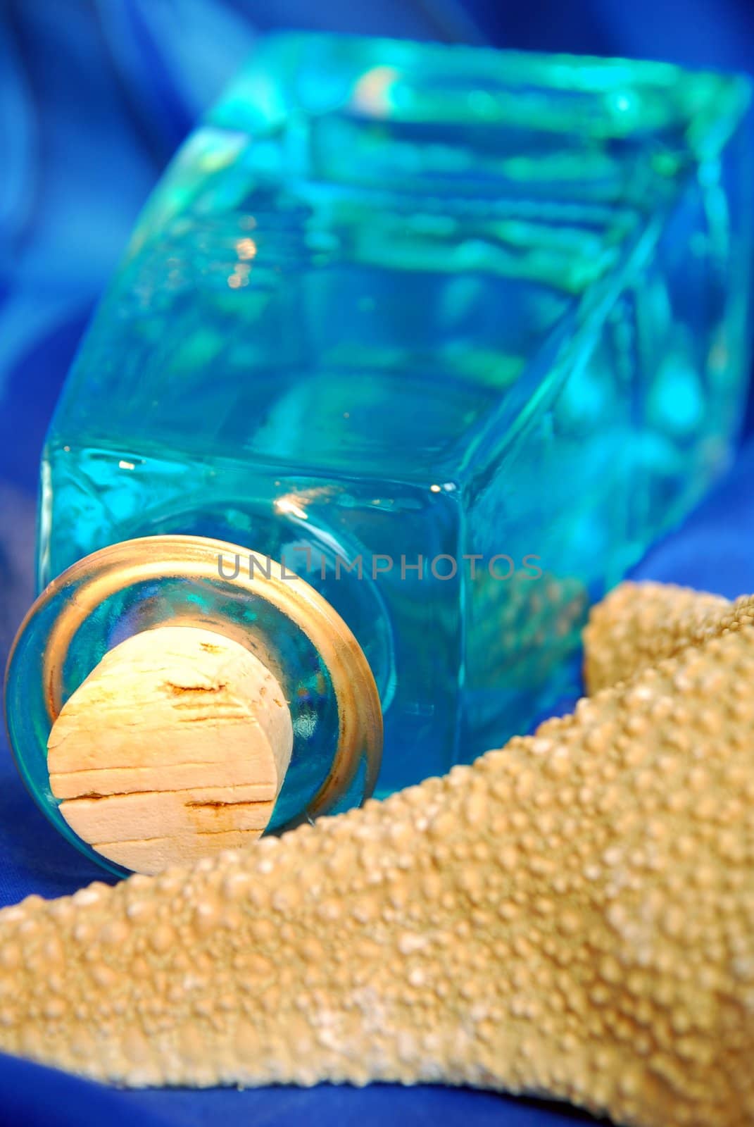 Blue bottle of shampoo close up