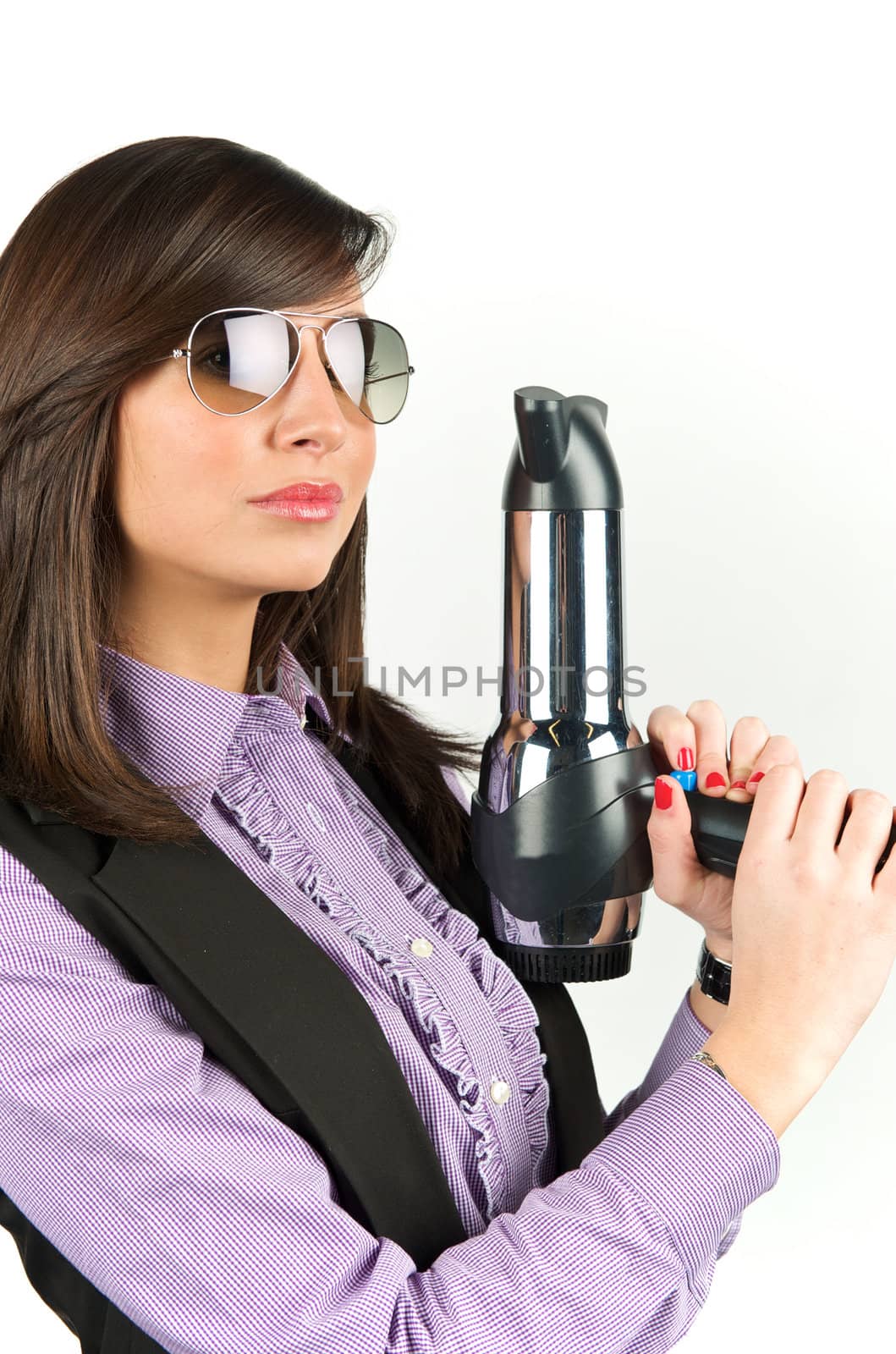 Young attractive woman with hairdryer 