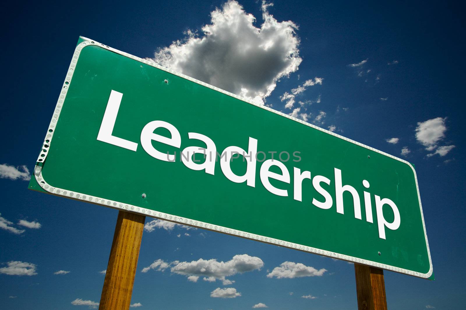 Leadership Road Sign with dramatic clouds and sky.