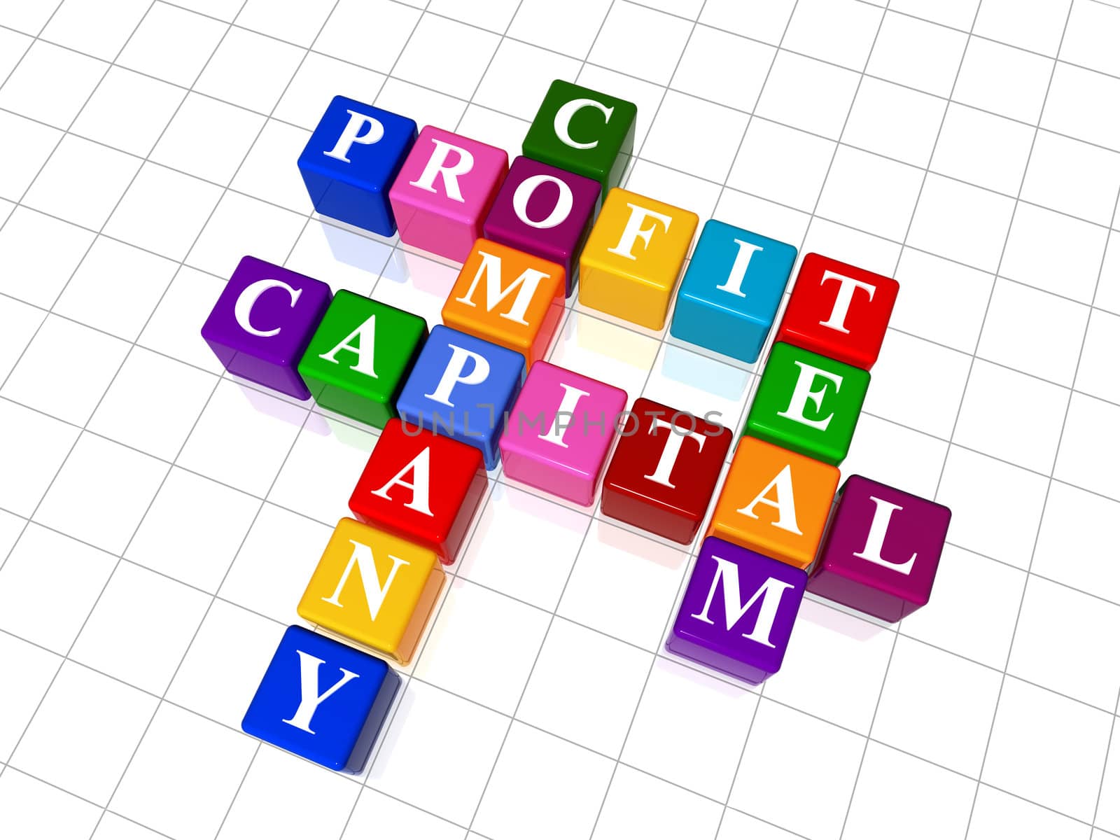 3d colour boxes crossword - company, capital, profit, team
