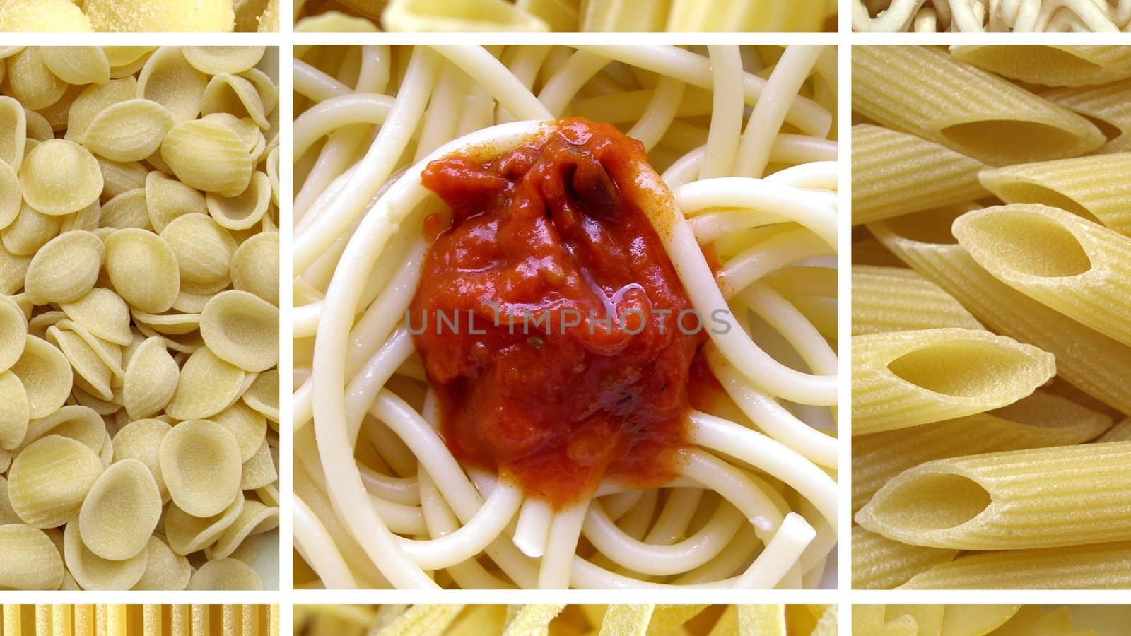 Pasta collage including 9 pictures of food - (16:9 ratio)