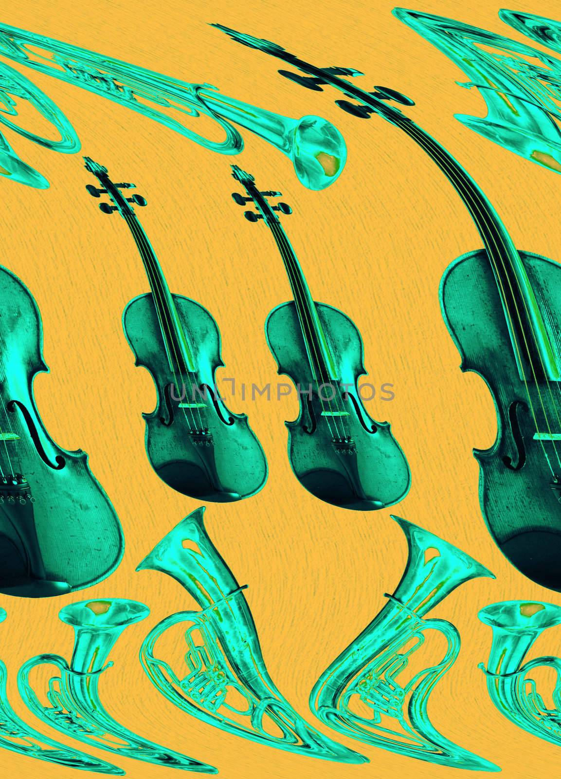 The abstract image of a violin and tuba on a yellow background