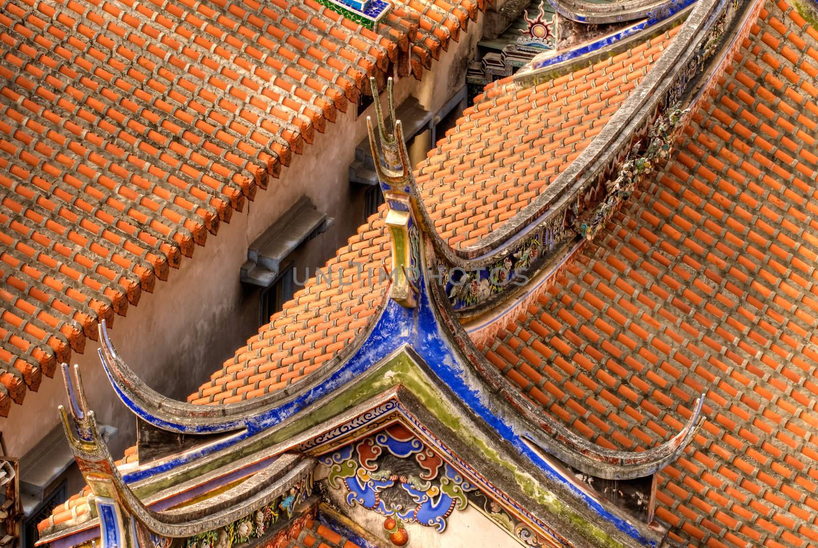 China classic roof with red tile and colorful decoration.