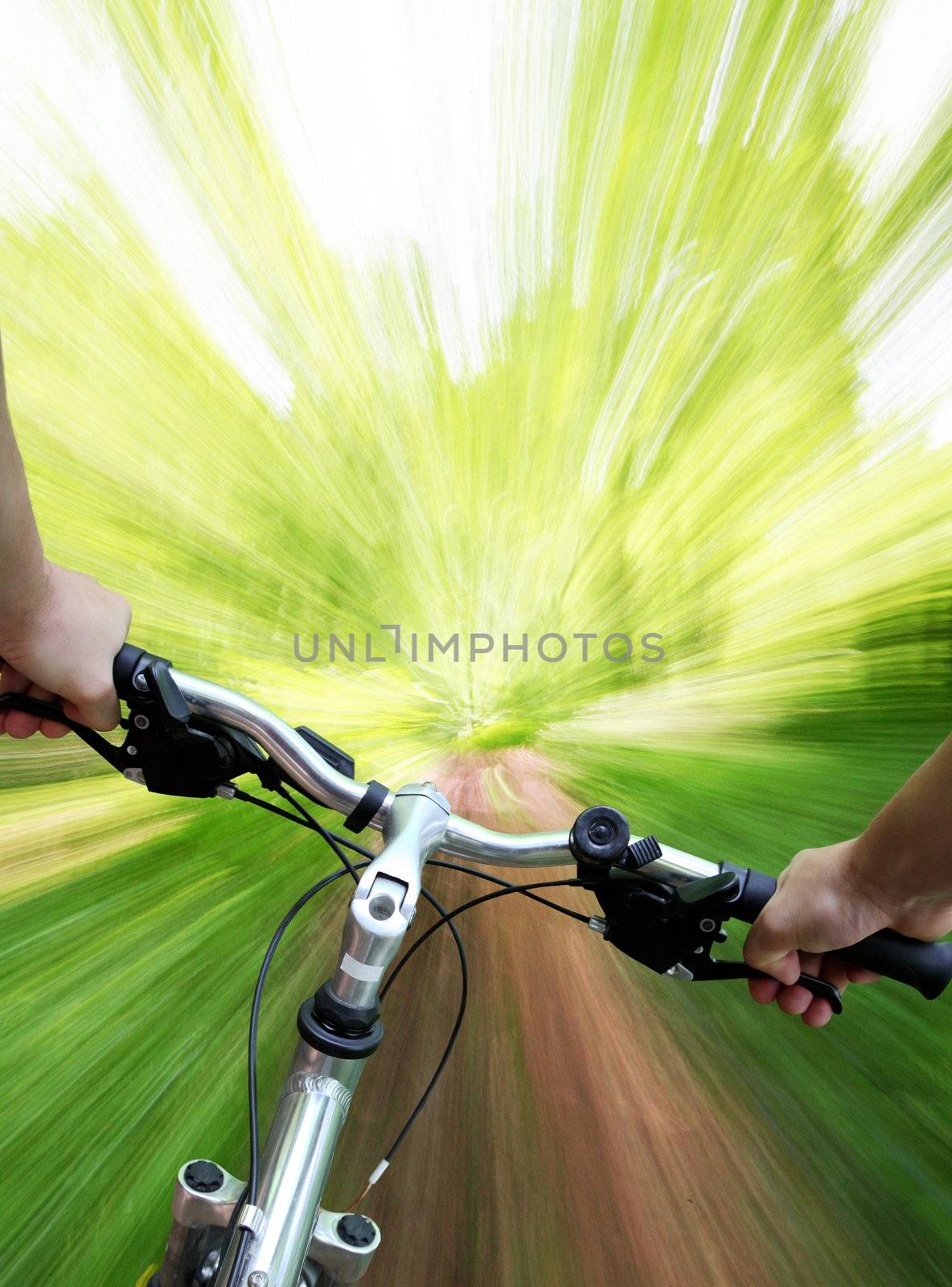 Mountain biking down the trail, descending fast, subjective point of view