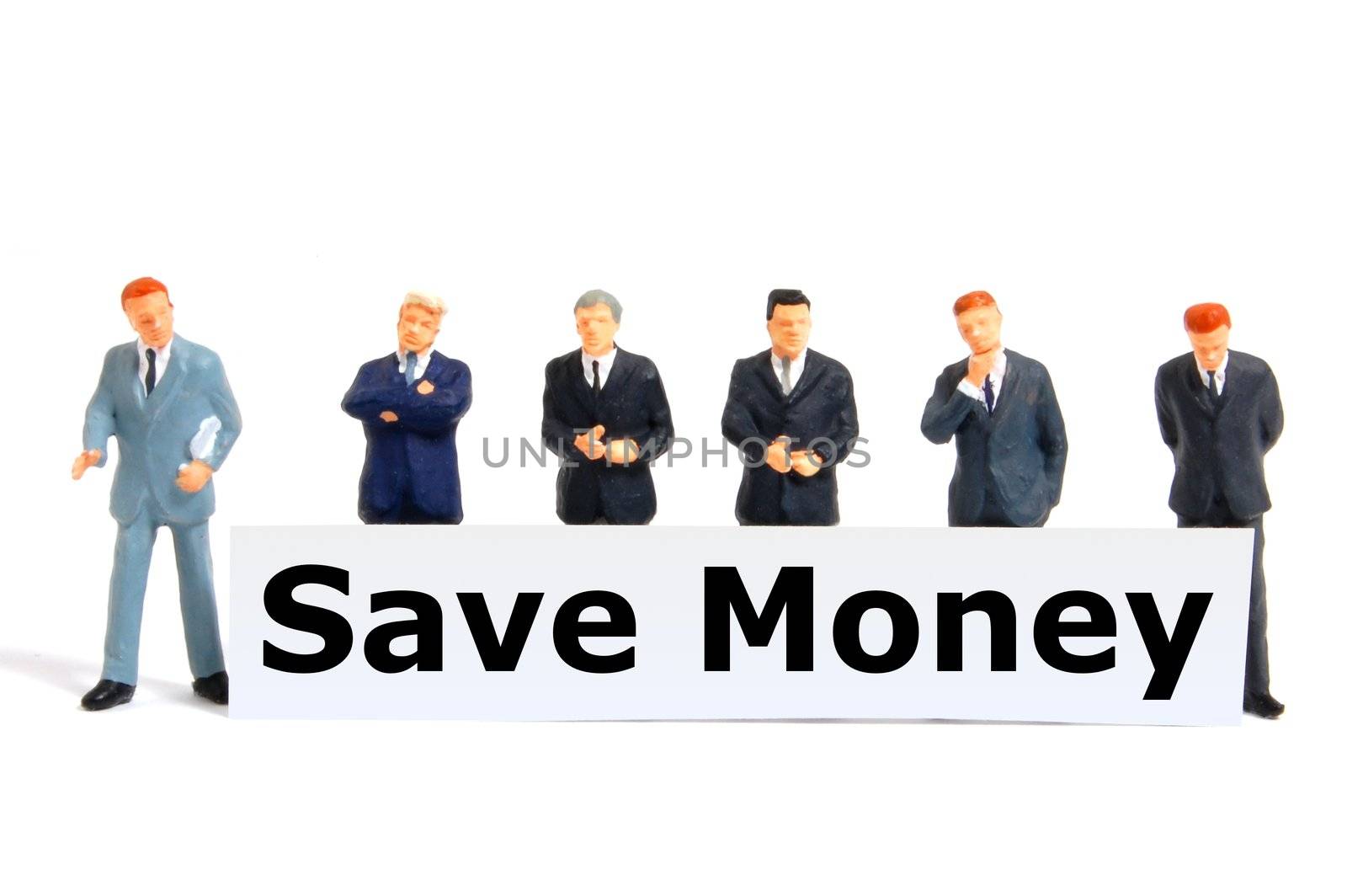 save money business or finance concept with toy business man isolated on white
