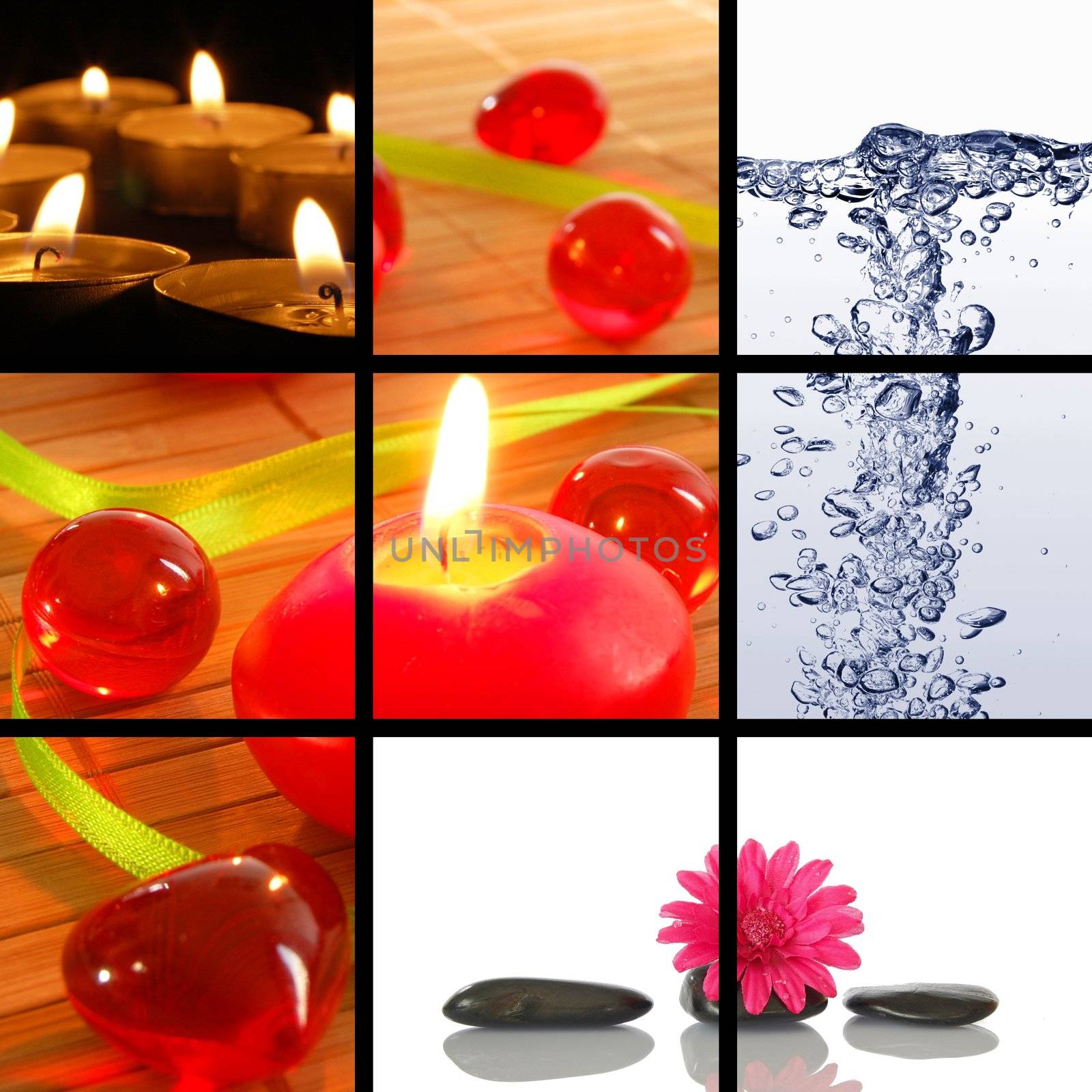 spa collage or collection with stone candle and water images