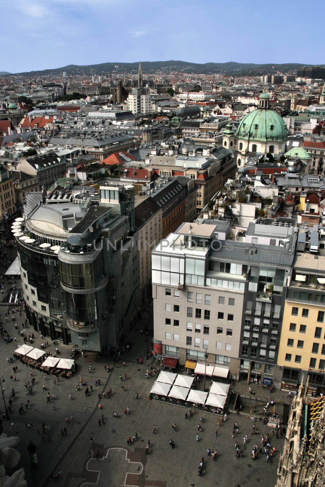 Vienna aerial view - seen from Stephansdom cathedral. Direction of Haas Haus.