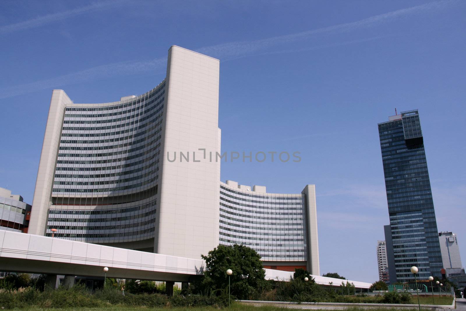 Vienna modern building - famous landmark. UNO City - VIC, Vienna International Centre. It is an extraterritorial area. It hosts United Nations (UN), International Atomic Energy Agency (IAEA), United Nations Office on Drugs and Crime (UNODC), Office for Outer Space Affairs (OOSA), United Nations Industrial Development Organization (UNIDO).