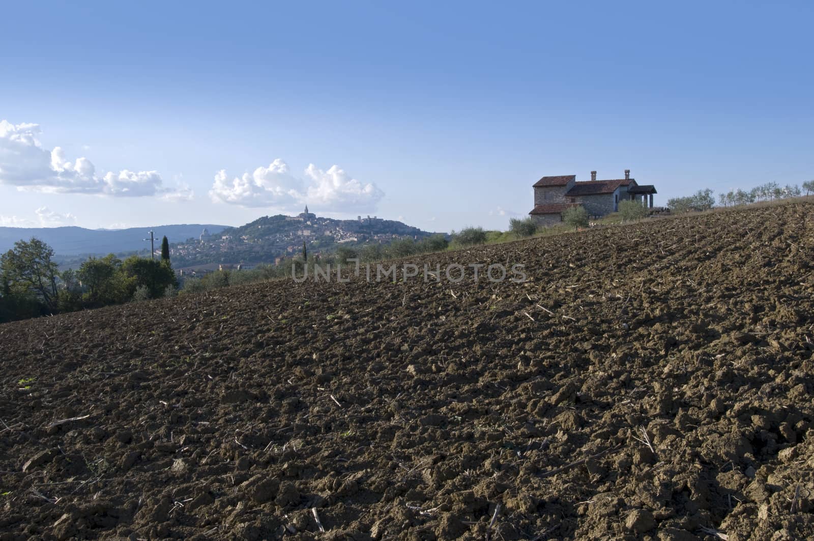 Plowed land with Todi skyline on background