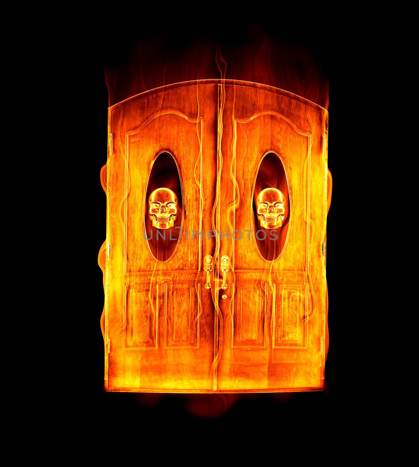 great image of the door to hell in flames with skull motif