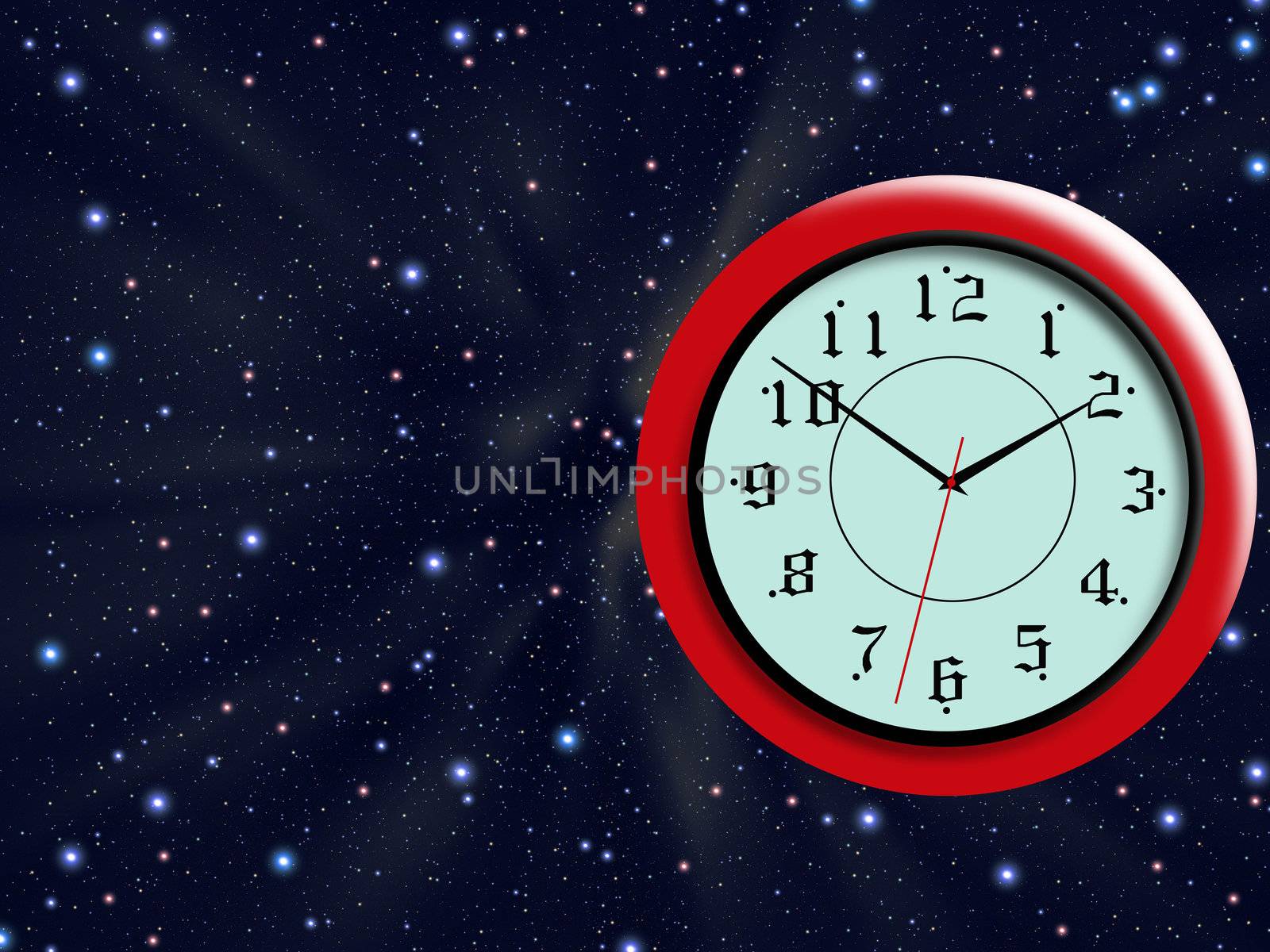 Clock is floating in space. Time