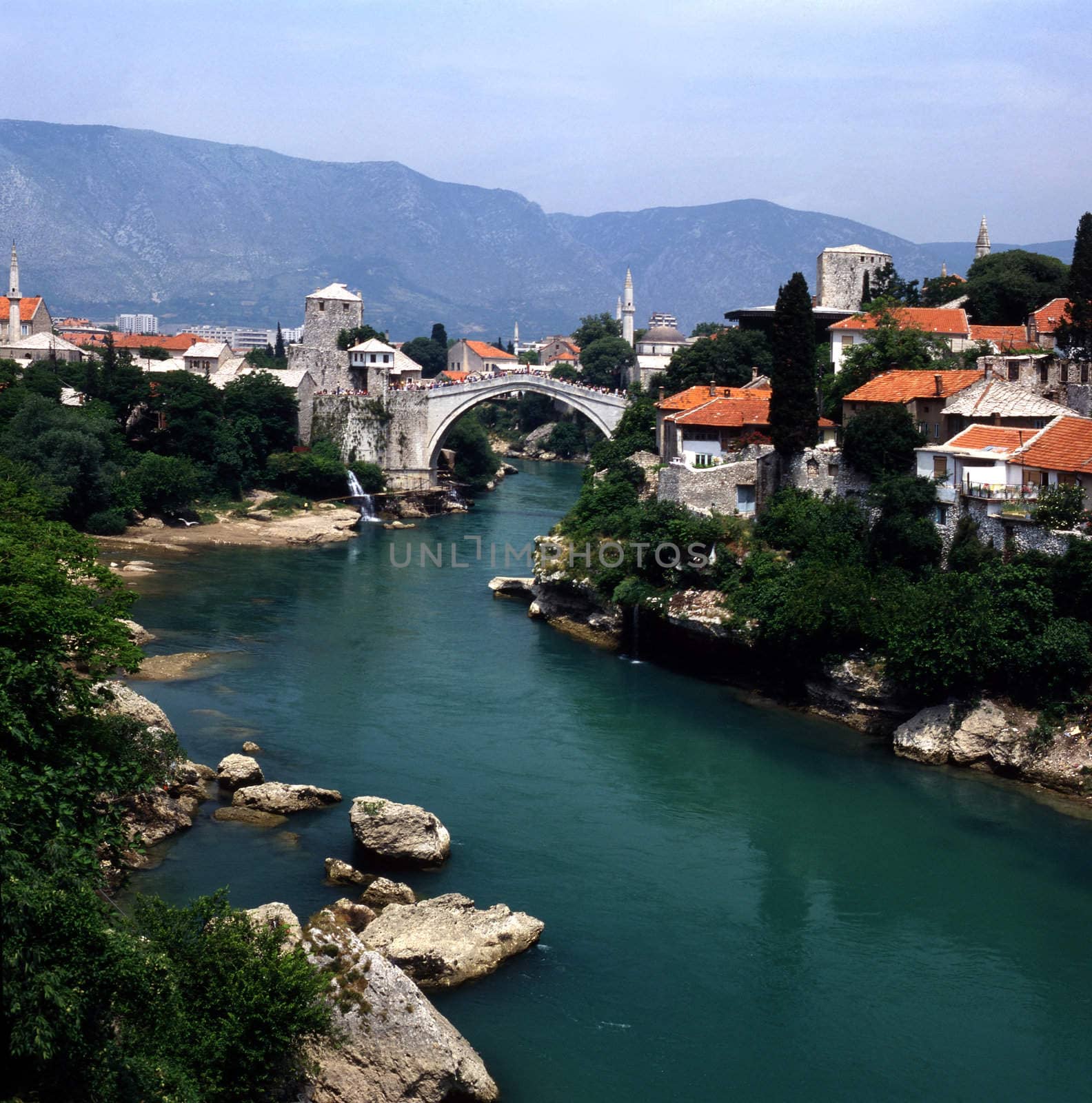 Mostar with bridge over river Neretva