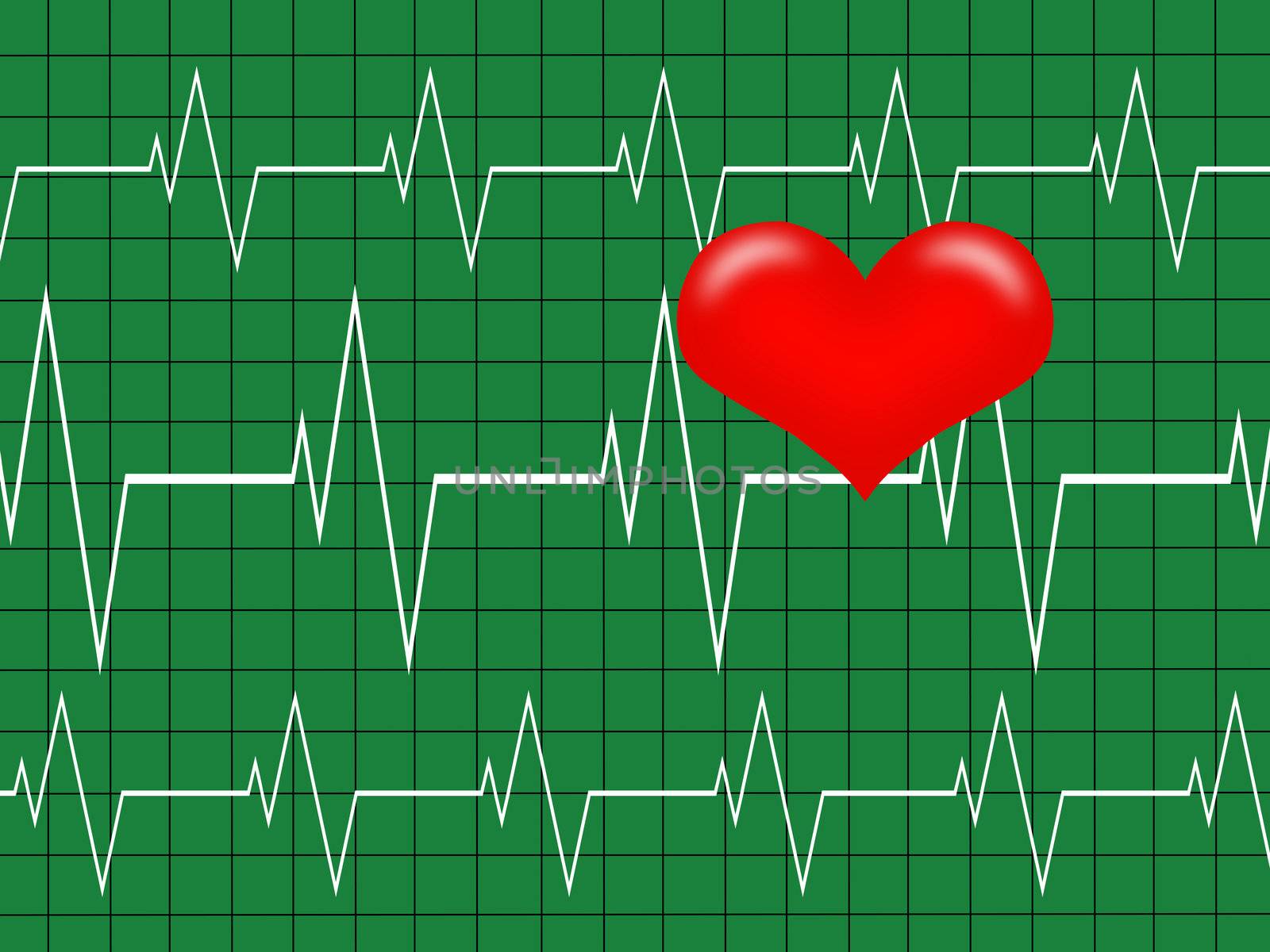 Cardiology concept. Graph and Heart, Heartbeat on  green monitor