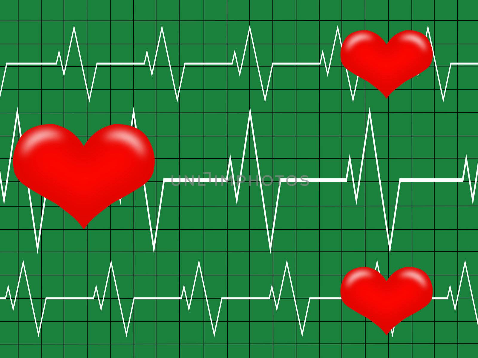 Cardiology concept. Graph and Heart, Heartbeat on green monitor