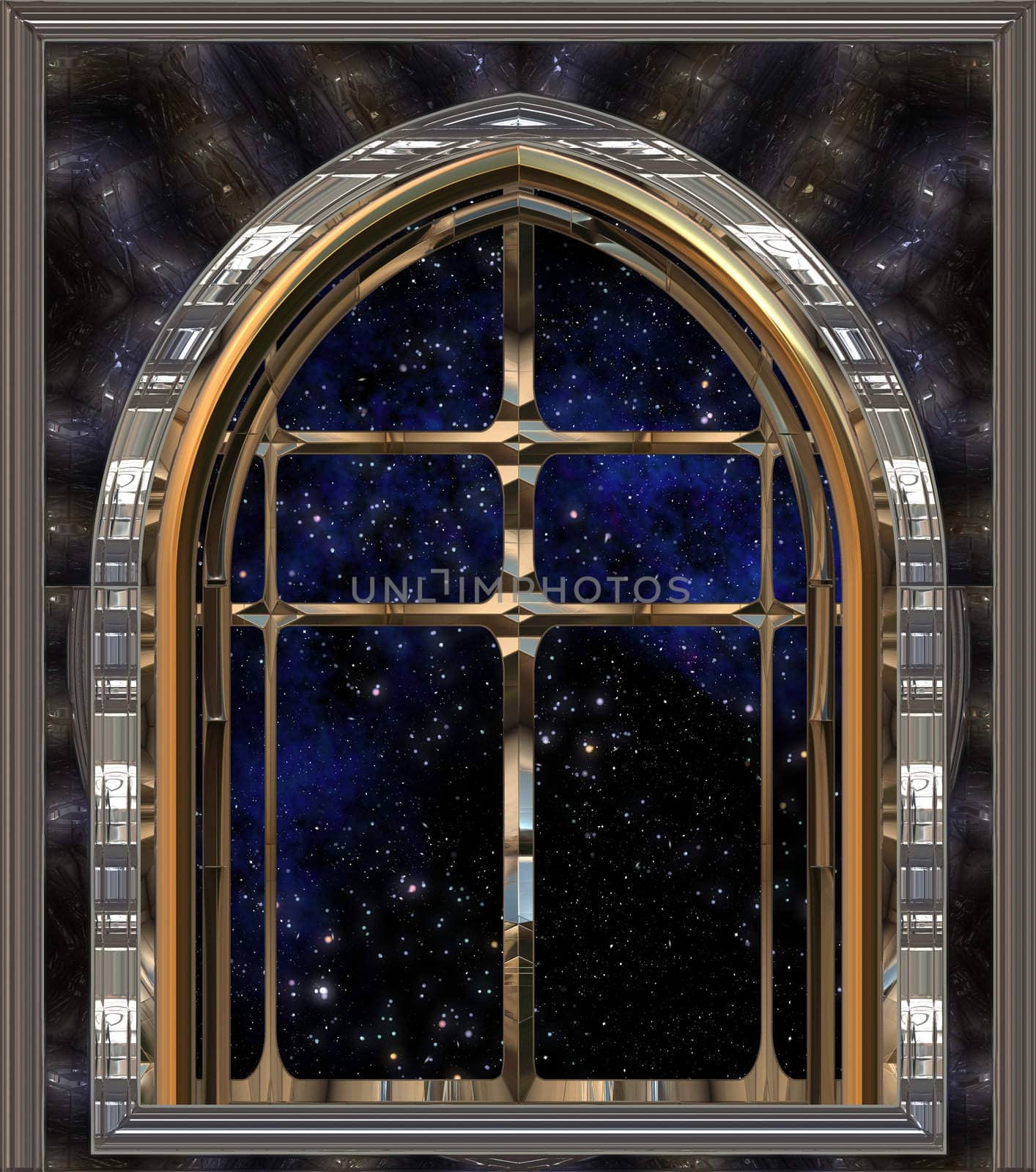 gothic or science fiction window looking into space or starry night sky