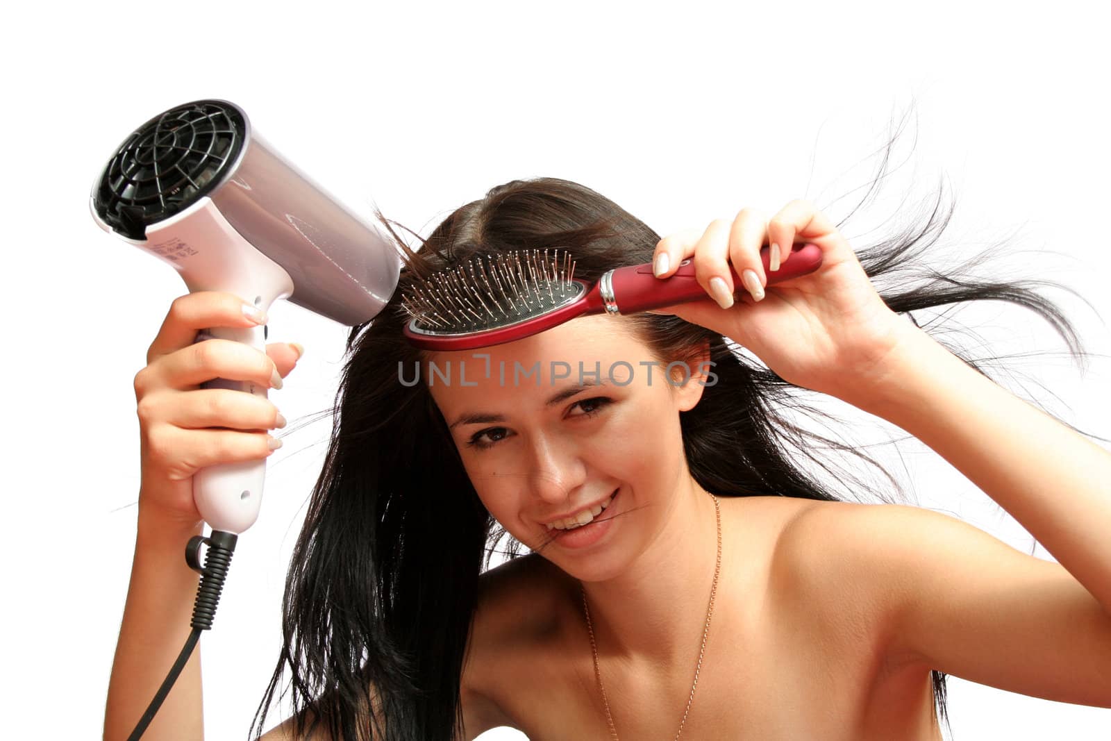 brunette girl with hair dryer, isolated on white