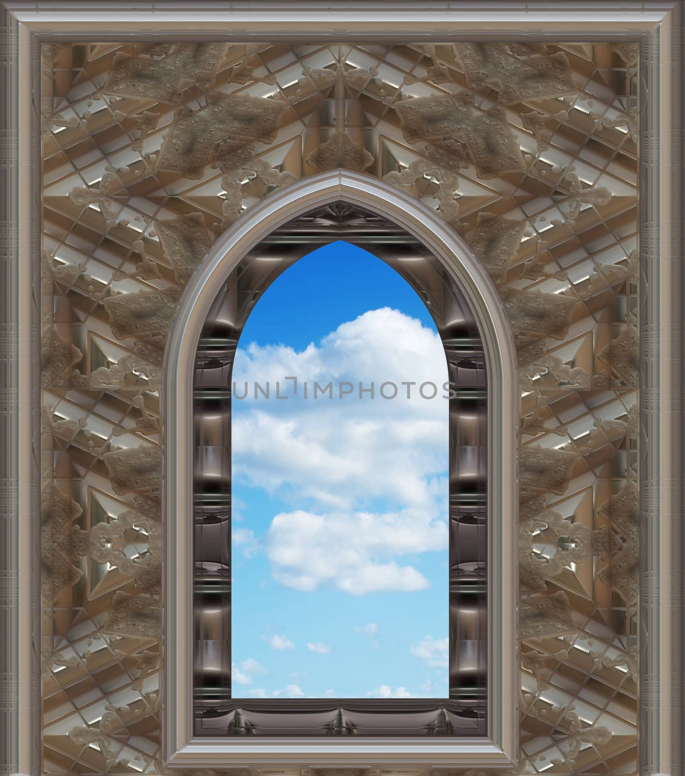 image of a gothic or science fiction window looking onto cloudy blue sky