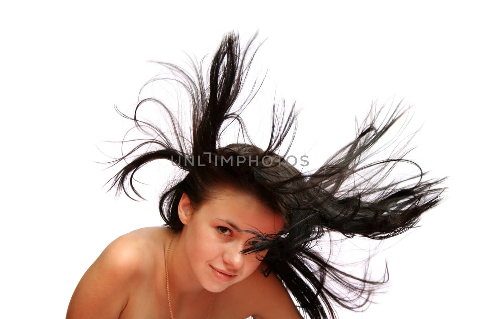 brunette girl with long windy hair, isolated on white