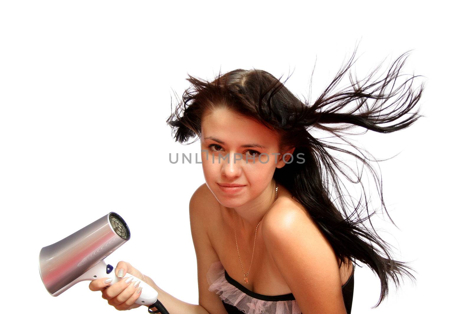 brunette girl with hair dryer, isolated on white