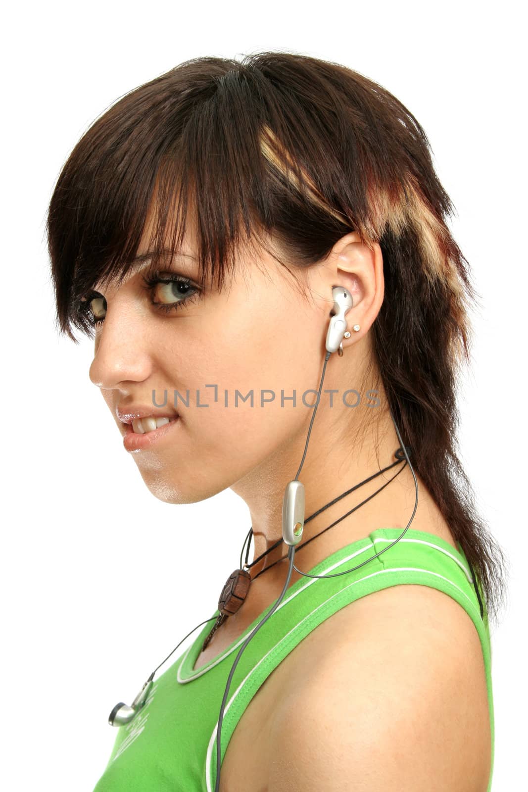 Young girl with headphones, isolated on white