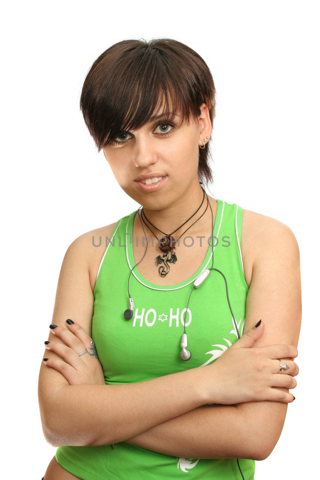 Young girl with headphones, isolated on white