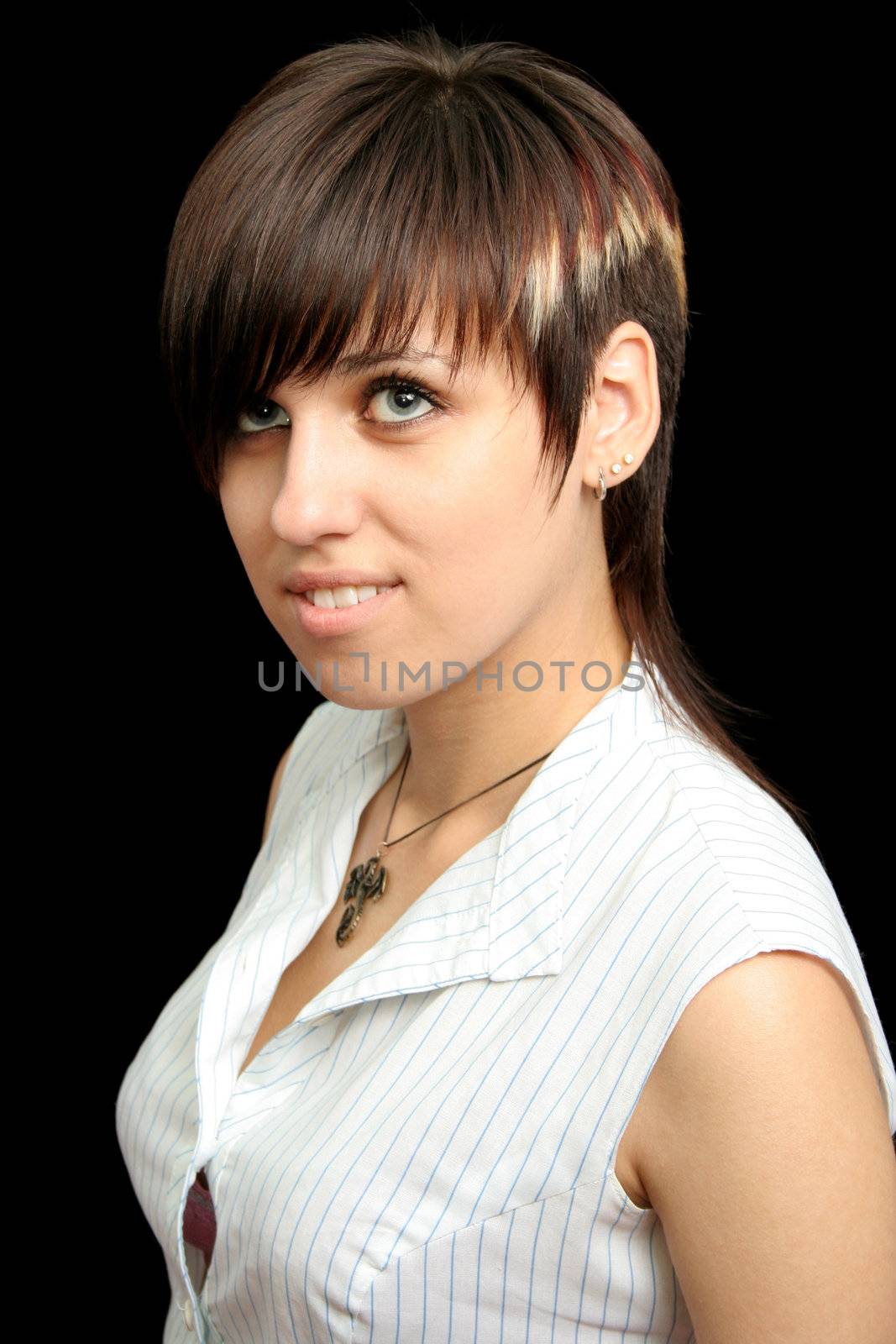 The young girl with expressive emotions, isolated on black background