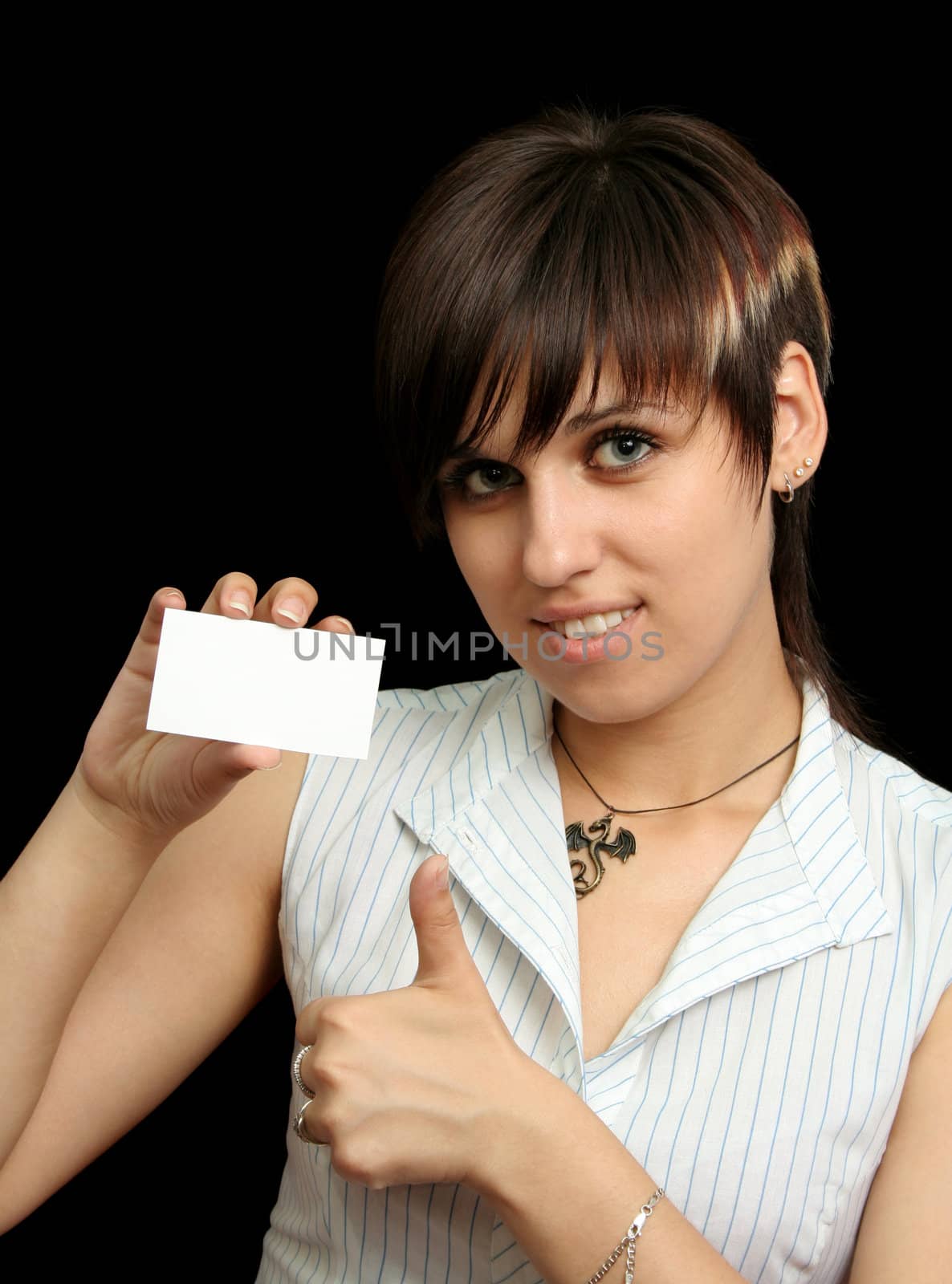 girl with blank card, isolated on black