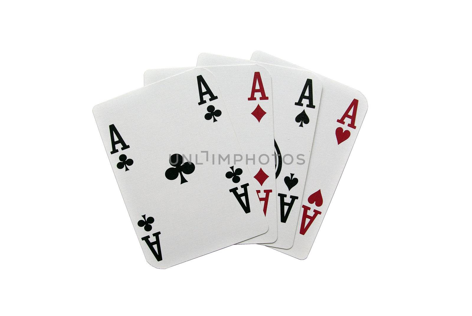 Poker cards showing a four-to-ace combination on a white background