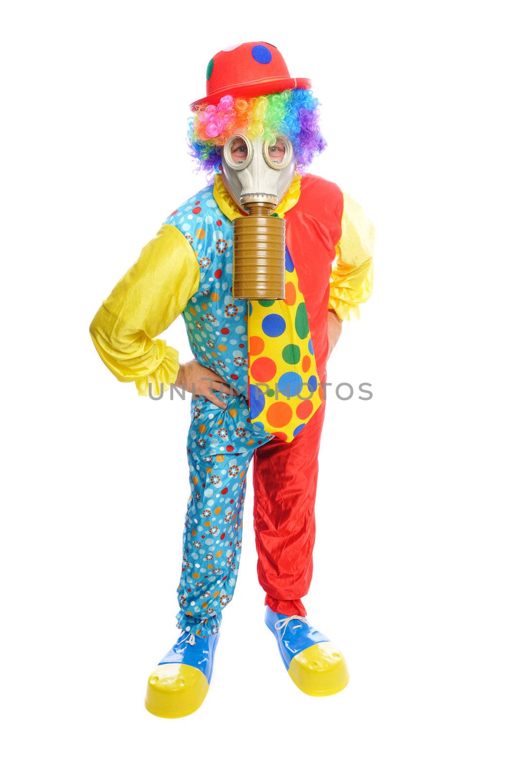 a man in a clown costume wearing a gasmask on a white background