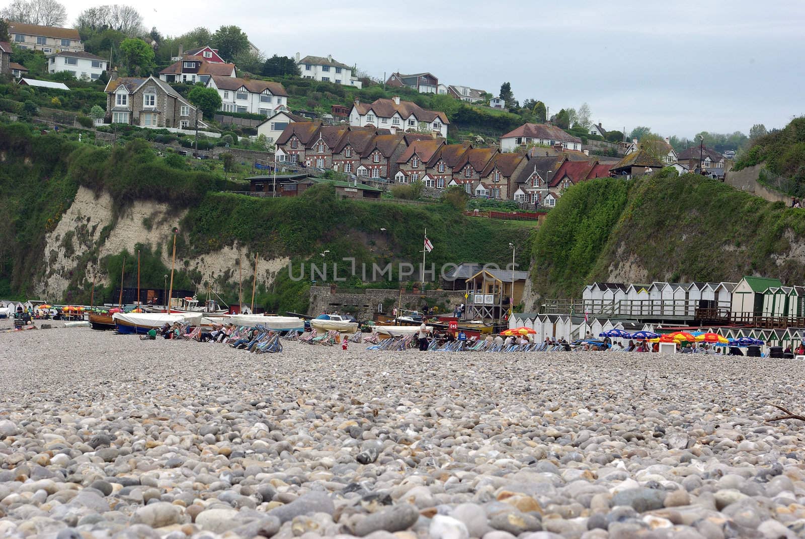 View of the seaside from a pebble beach in Devon