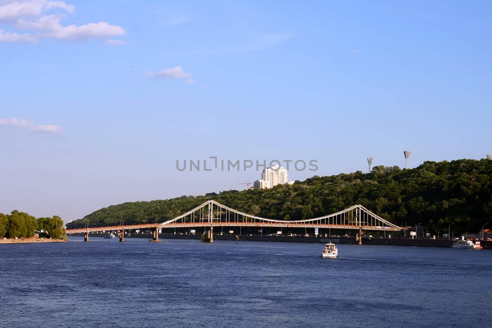 footbridge on Dnepr river. Cityscape in Kiev, Ukraine. 