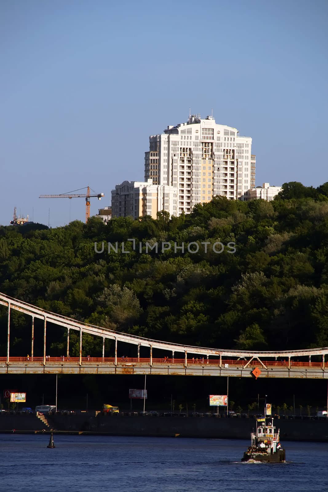 footbridge on Dnepr river. Cityscape in Kiev, Ukraine. 