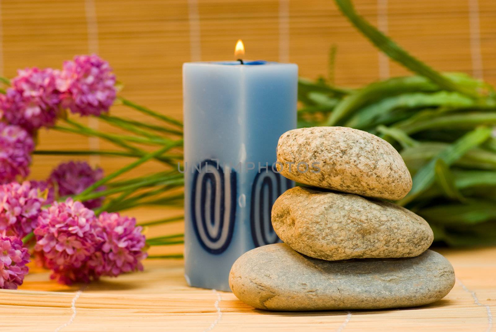 still life with pebble and garlic and candle