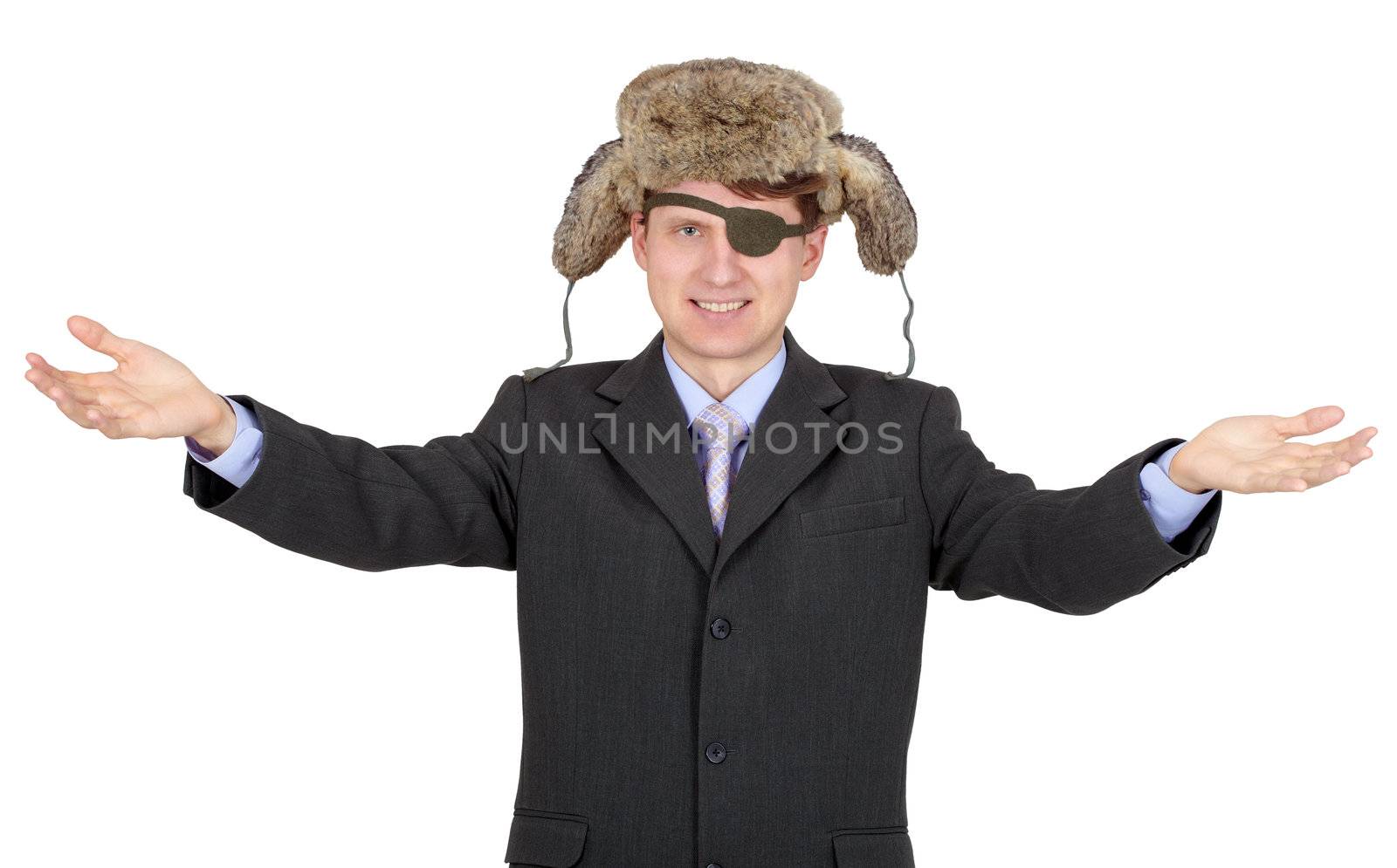 Portrait of a young businessman with a eye-patch in a fur hat