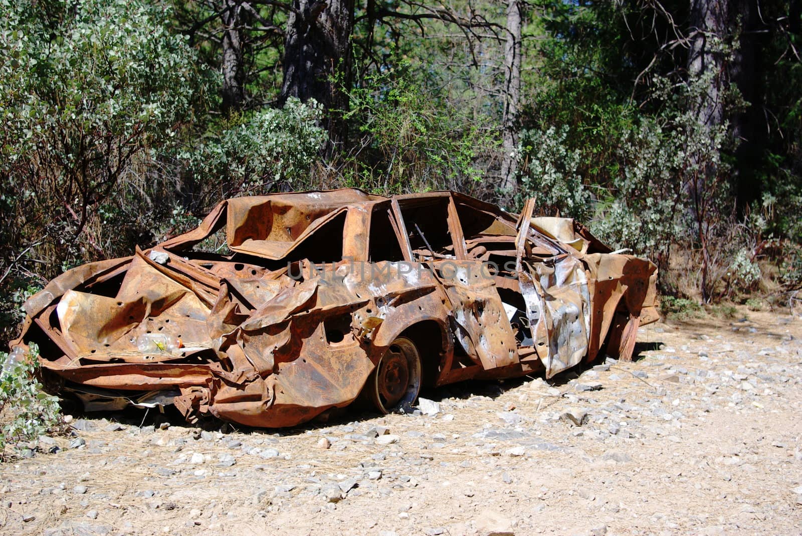 An abandoned old car with bullet holes, crushed and rusty  from being burnt parked in the forest.