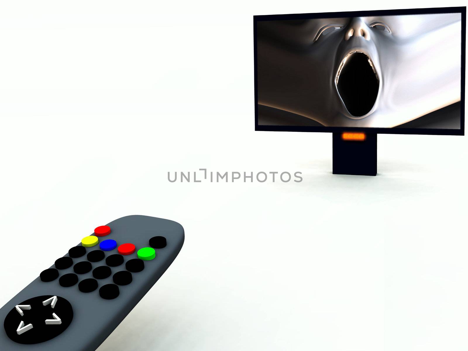 A image of a television remote control with a horror program on.  
