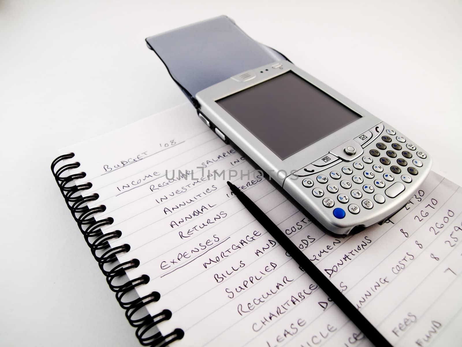 PDA Modern Mobile Cellphone with Stylus on Traditional Paper Lined White Notebook Paper Showing a Home Budget Financial Plan