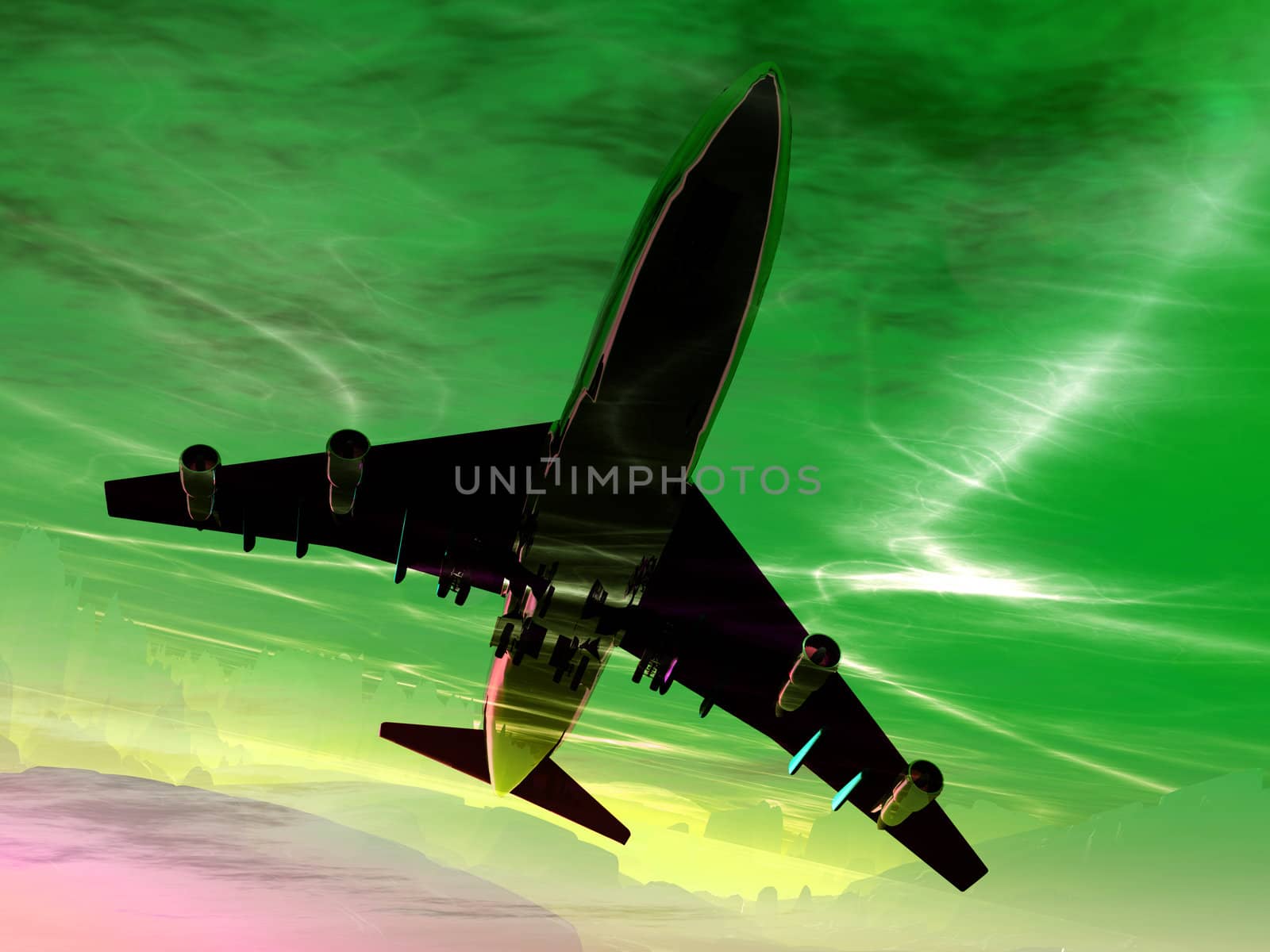 A plane flying high in the sky.