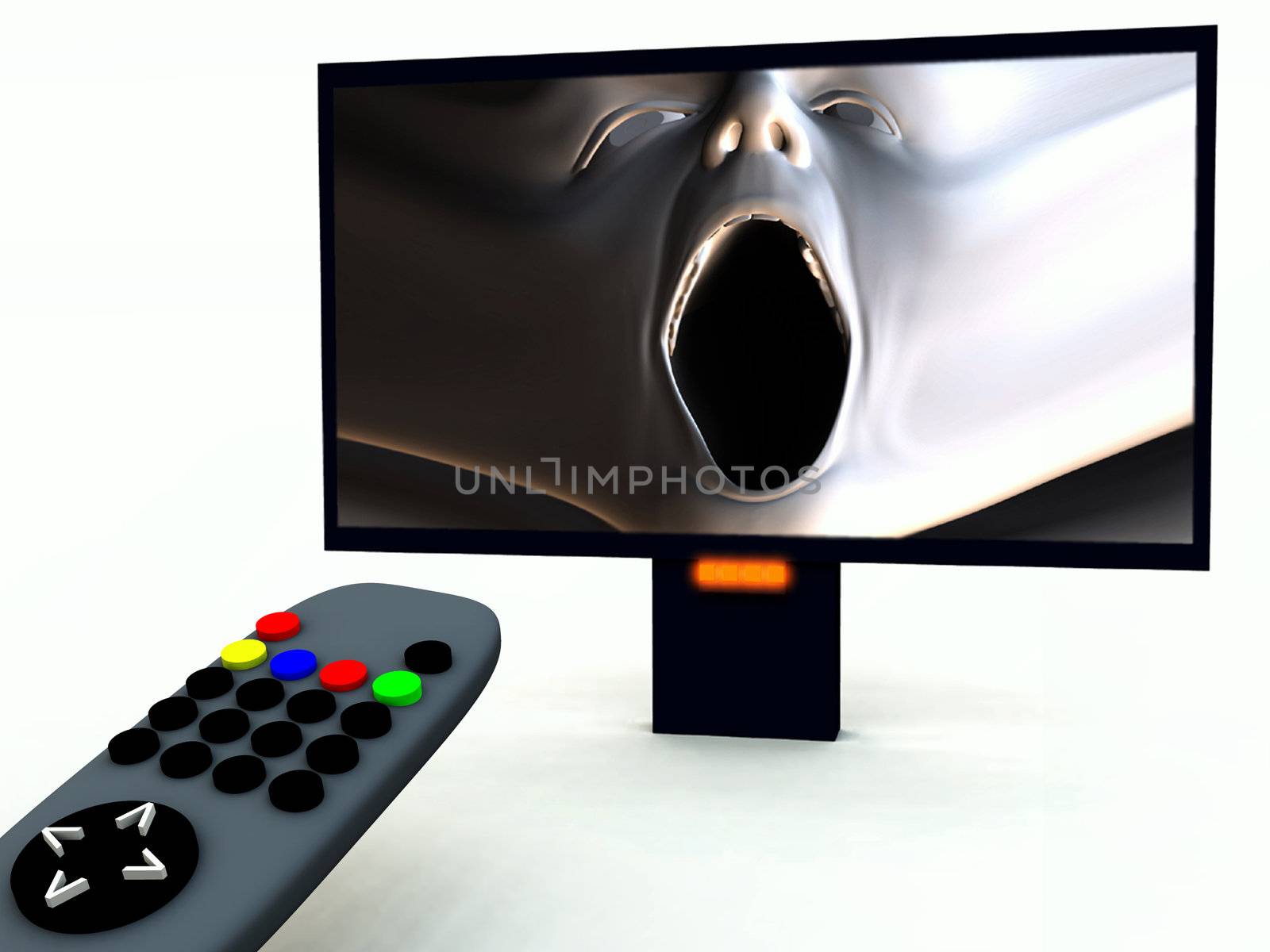 A image of a television remote control with a horror program on.
