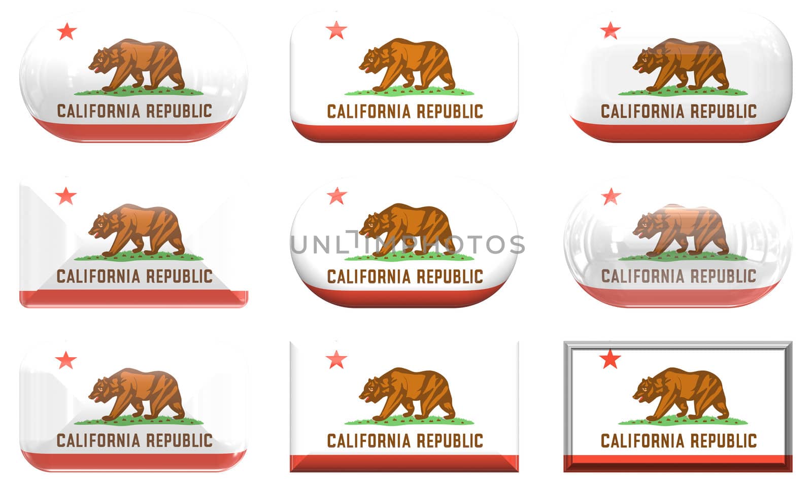 nine glass buttons of the  Flag of California
